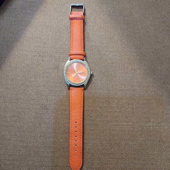 Orange Faux Leather Rhinestone Bezel Quartz Watch With Adjustable Strap - Picture 2 of 5